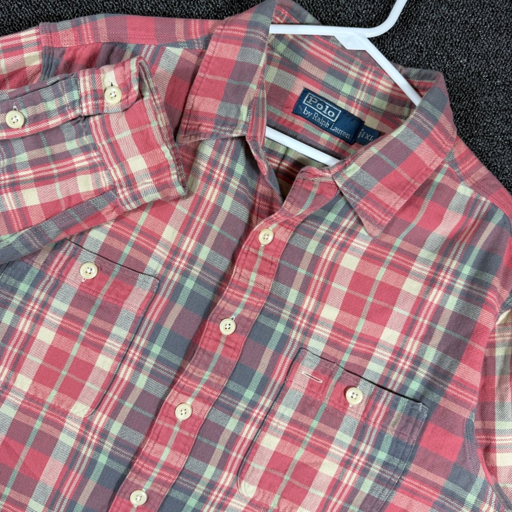 Vintage Polo Ralph Lauren Mens XL Red Green Madras Plaid Flannel Button Up Shirt
